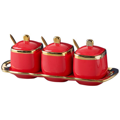 With Lid and Spoon, Ceramic Spice Containers for Countertop, Salt and Coffee Sugar Container Set,Seasoning,Condiment Containers,(Red)