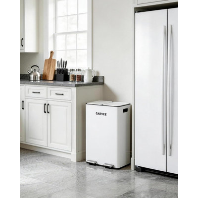 Poubelle à double compartiment 16 gallons avec couvercle à fermeture lente et pédale, bac de recyclage en acier inoxydable blanc avec seaux amovibles pour la cuisine et le bureau