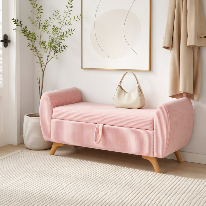 Banc rembourré en velours côtelé avec rangement 57 po, Rose