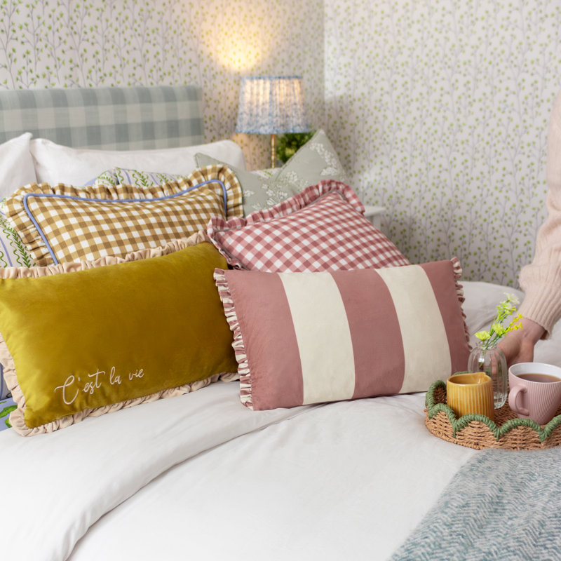 Maude Gingham Cotton Piped Cushion, Gold, Feather