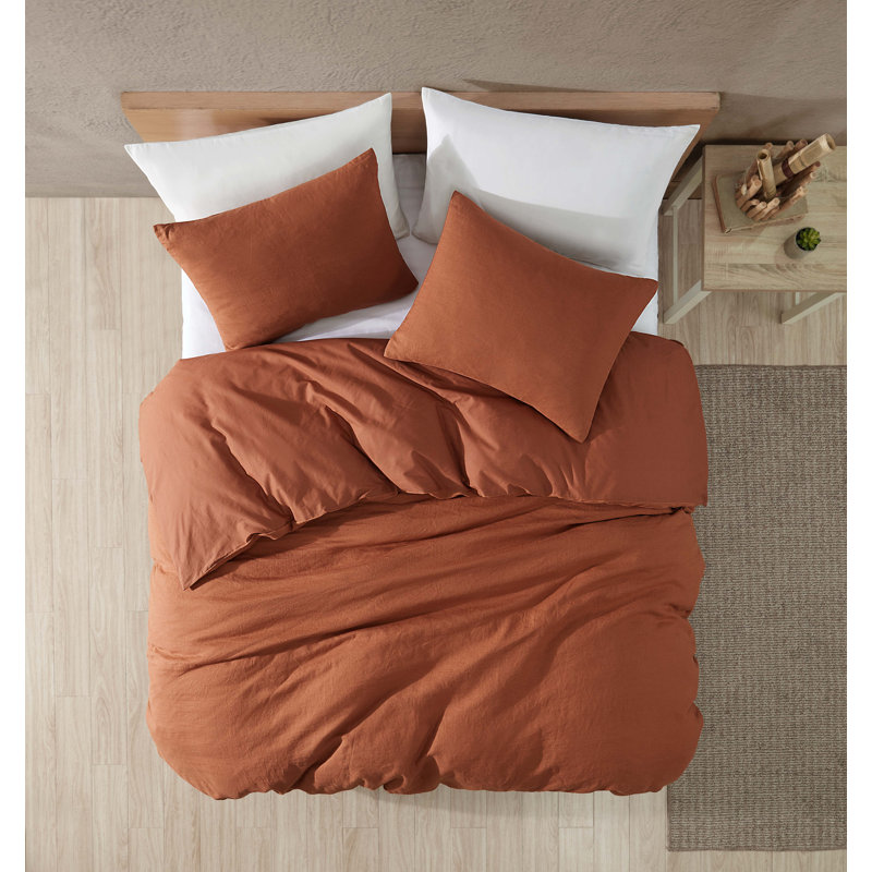 Ensemble d'édredon en lin 3 pièces Hilma, Édredon très grand et 2 très grandes taies déc, Orange
