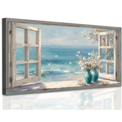  Coastal Flower Canvas Wall Art, Blue Sea Window View Rustic Painting, Farmhouse Bathroom Wall Decor, Scenic Beach Artwork Embellishment for Bedroom Living Room, 24x48 inches