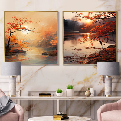 «Autumn Tranquility Lake I - Cottage Lake Mountains», ensemble de 2 impressions sur toile