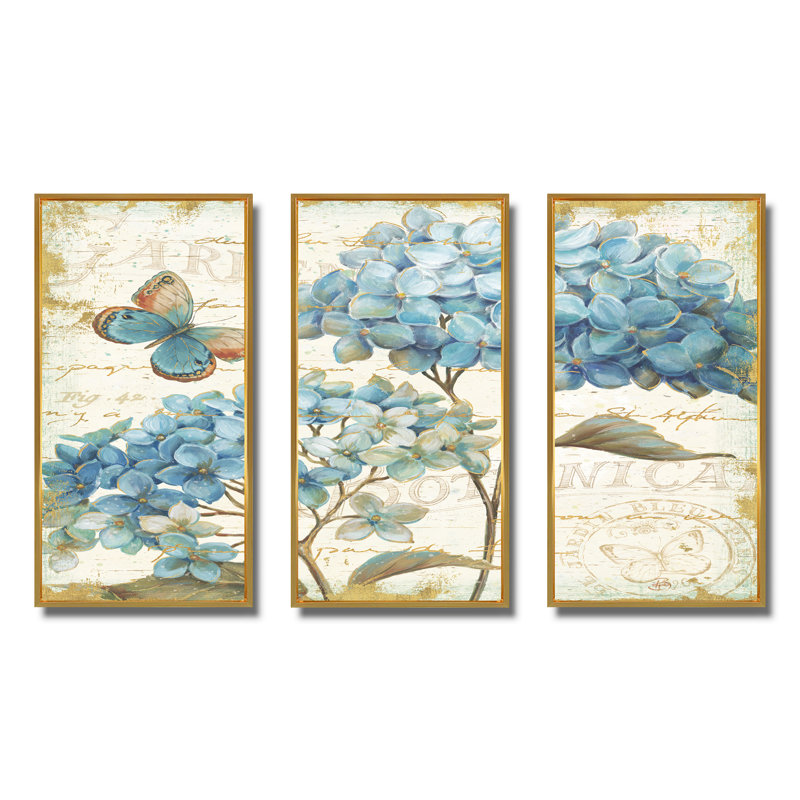 «Butterfly Blue Garden II», ensemble d'art mural sur toile encadré traditionnel, H 32 po x l 48 po x P 1 po, Encadrement doré