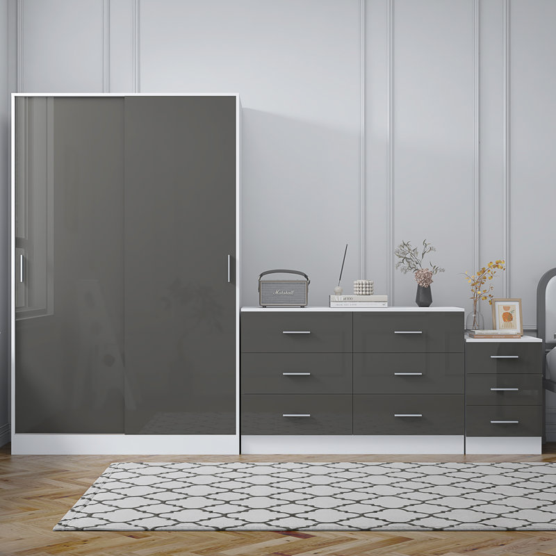 Eva Piece Bedroom Set, Grey Gloss / Matt White