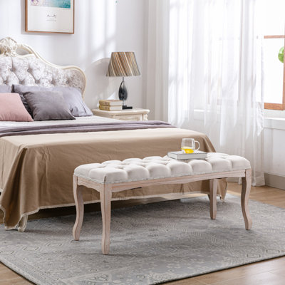 Banc de chambre à coucher, banc d'entrée touffeté de style français rétro, banc de bout tapissier 43,3 po avec pieds en bois patiné, siège repose-pieds en lin pour le salon, le vestibule, la salle à manger