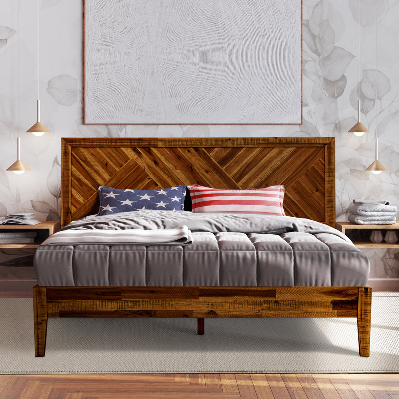 Sierra Solid Wood Bed Frame with Adjustable Headboard / Handcrafted Platform Bed, Grand, Noyer