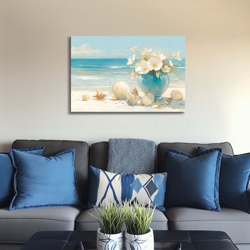 Vase turquoise avec fleurs blanches et coquillages - art mural sur toile de plage côtière, 36" H x 48" W