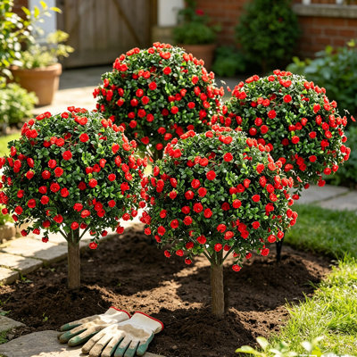 4 Pack 23" Artificial Topiary Ball Plants with Rose Flowers, UV Resistant Faux Bushes with Ground Spike, Fake Outdoor Topiary Trees for Indoor Outdoor Front Door Decor (Red  Rose)