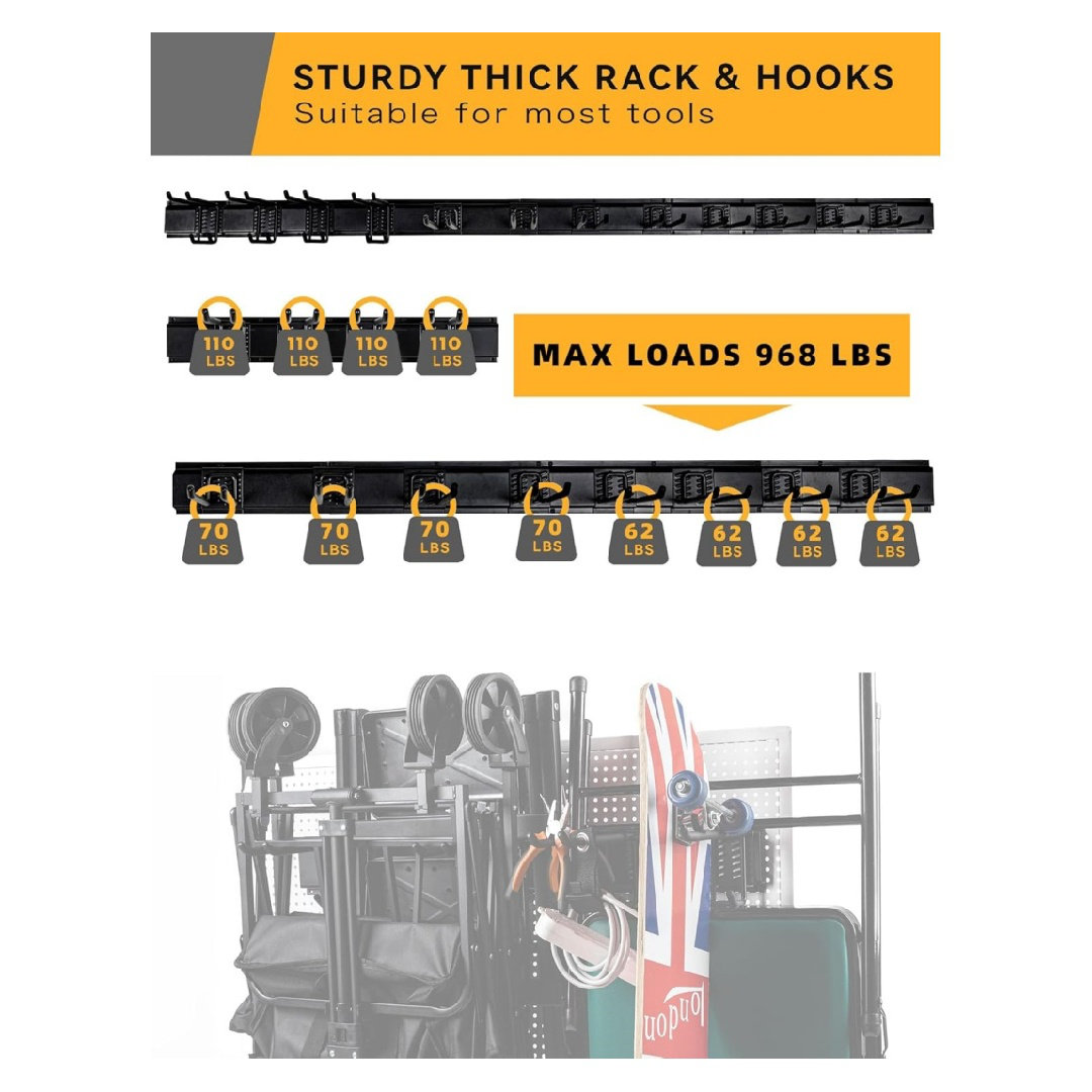 YOUNITA 96 Inch Wall Mount Garden Tool Organizer With 22 PCS Adjtable Garden Tool Hanger Rack For Garage Storage, Max Load 960lbs, Black Iron, 96 X 1 X 4 Inches