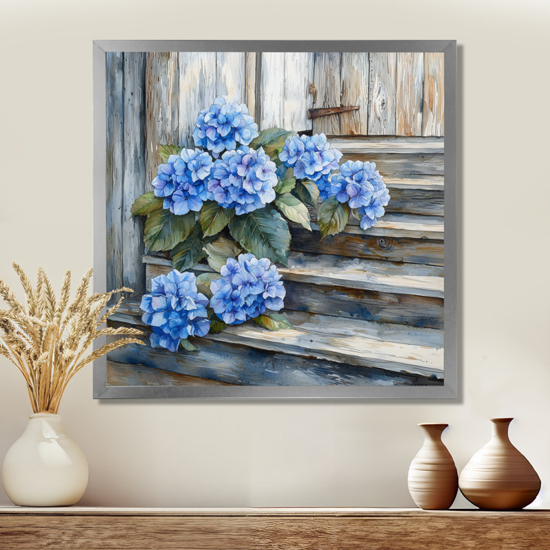 Hortensias sur les marches de grange I - hydrangées, art mural, H 16 po x l 16 po, Picture Framed, Argent argent