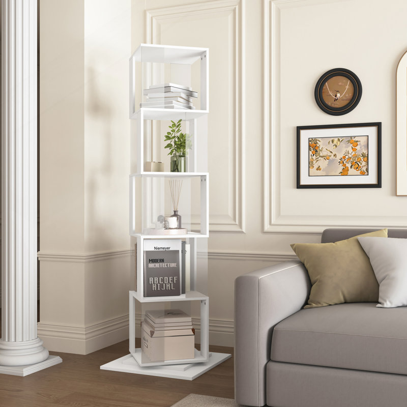 5 Tier Rotating Bookshelf, Floor Rack Simple Bookcase  With Acrylic Plate Student Multi-Function Creative Bookshelf For Living Room With Anti-Toppling Base