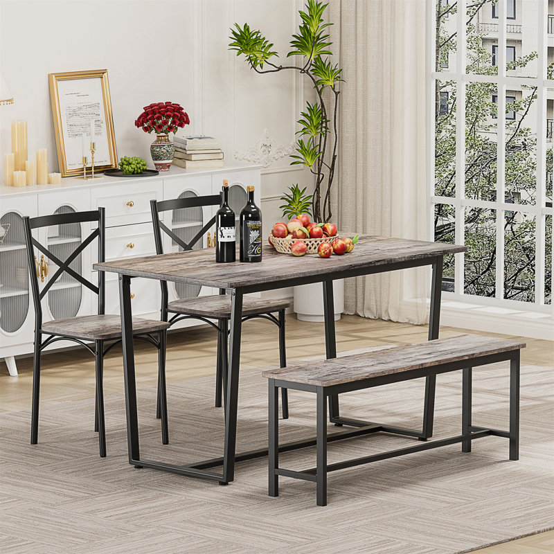 Ensemble table et chaises avec dossier, style industriel, structure solide, 4 Pieces: Table, Bench, 2 Chairs, Gris / Noir