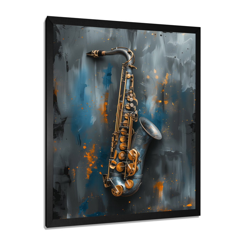 «Blue Gray Music Instument Saxophone», reproduction d'art mural, Cadre simple noir, bois massif, H 24 po x l 32 po