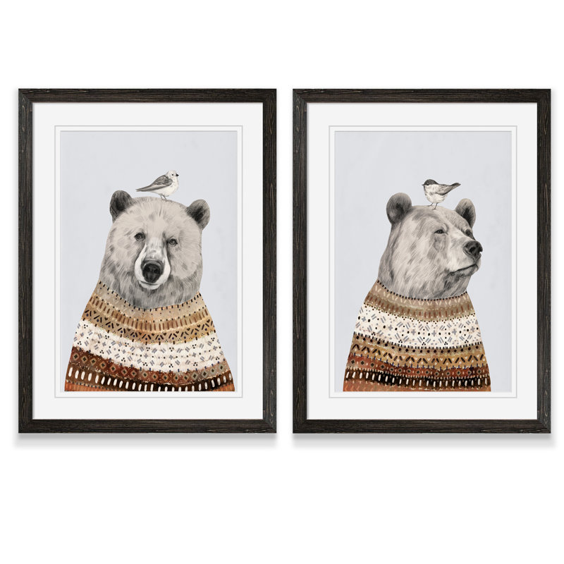 Fair Isle Bear I" 2-Piece Painting Print Set of Bears Wearing Cozy Wraps, Ebony Framed Set, White Mat
