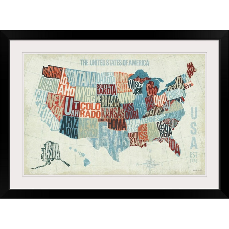 «USA Modern Blue» par William, art textuel, H 28 po x l 38 po x P 1 po, Cadre noir