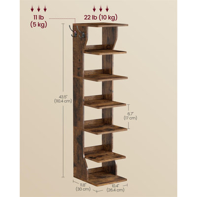 7 Tier Vertical Shoe Rack, Narrow Shoe Storage Organizer With Hooks, Slim Corner Tower Shelf For Entryway Bedroom, White