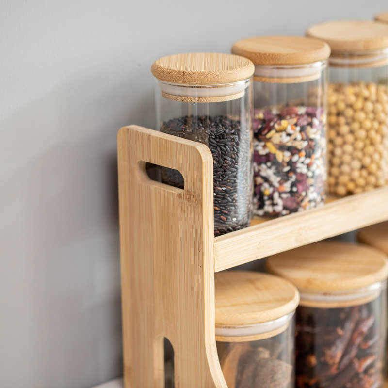 Versatile 2-tier Bamboo Spice Rack And Pantry Organizer With 7 Glass Jars - Perfect For Countertop Storage In Kitchens To Keep Seasoning Containers Neatly Displayed And Easily Accessible