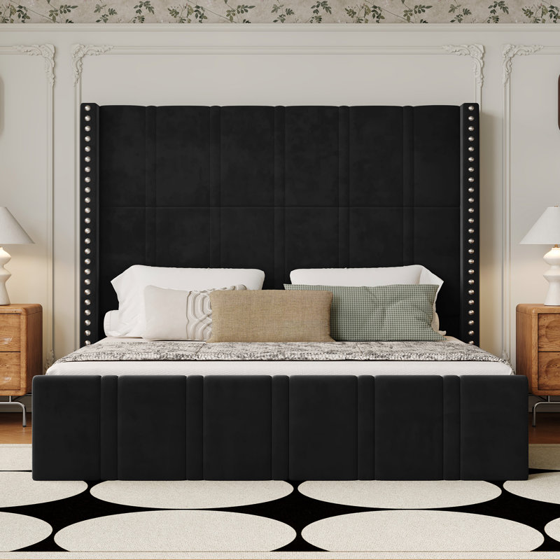 Modern Upholstered Platform Bed Frame, No Box Spring Required, Black, King