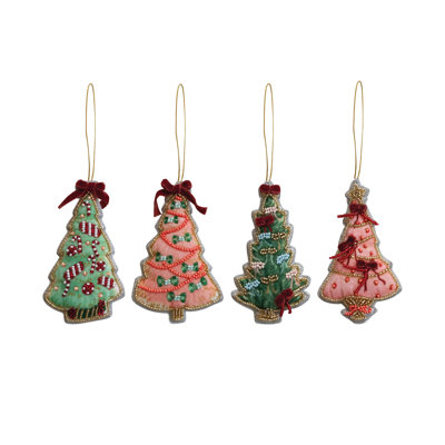 4-Piece Handmade Beaded Fabric Christmas Tree Ornament With Velvet Bow
