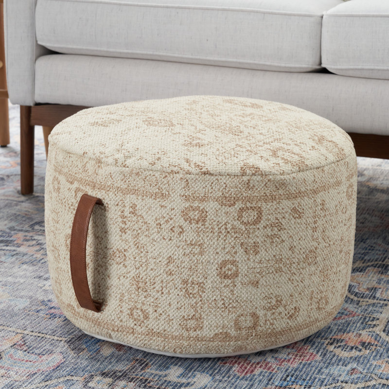 Ivory Beige Cotton Upholstered Round Pouf with Faux Leather Handle