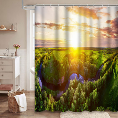 Sunset Blue River Forest Nature Landscape Shower Curtain with 12 Hooks