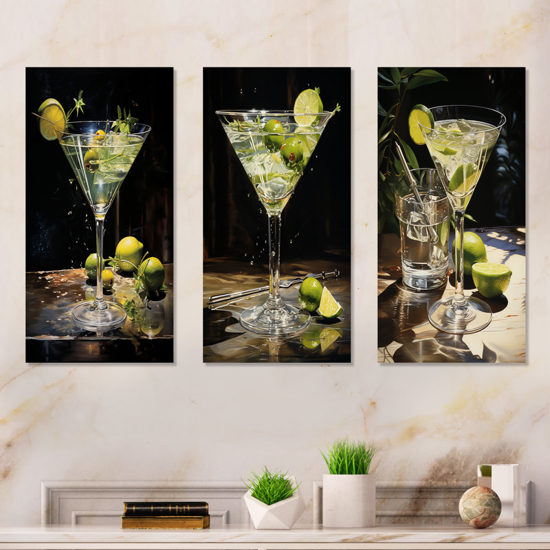 «Dirty Martini Mirage Cocktail», ensemble de 3 impressions murales sur métal, H 28 po x l 36 po