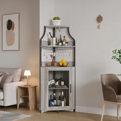 Armoire de bar à vin de style industriel - Support à vin amovible, porte-verre, porte en filet, grand buffet de rangement à 5 niveaux pour la salle à manger, la cuisine ou le salon