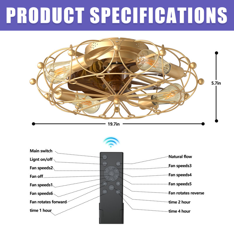 20" Low Profile Caged Flush Mount Ceiling Fan With Light And Remote Control, 6-Speed Reversible, Gold