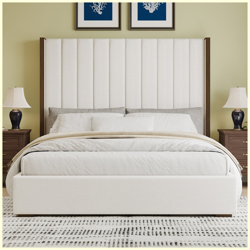 67.5" Tall Headboard Upholstered Bed with Vertical Striped and Wingback Design, King