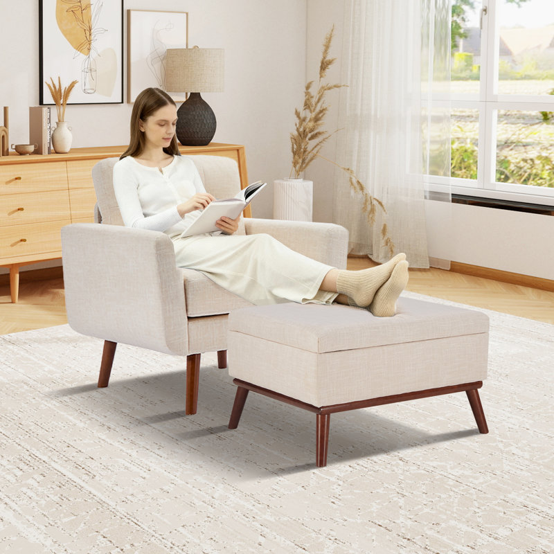 Upholstered Linen Accent Chair with Storage Ottoman Living Room Set, Beige