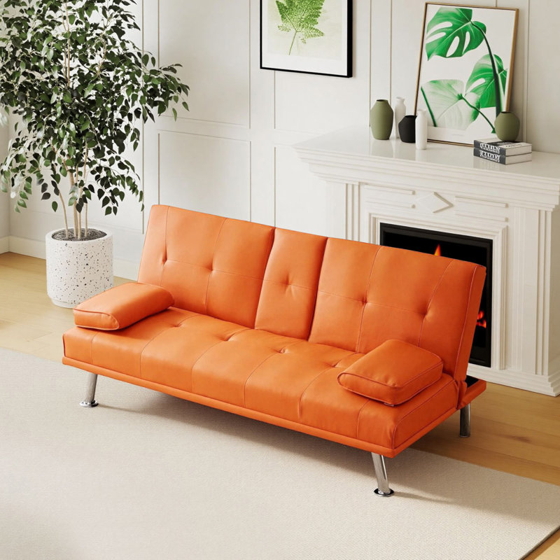 67-inch Orange Leather Multifunctional Double Folding Sofa Bed with Coffee Table for Office Use