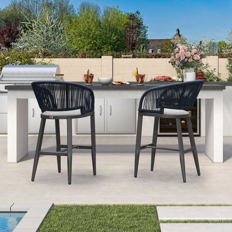  Chaises de bar 2 pièces en osier avec 2 coussins intégrés et dossier enveloppant, Gris, Gris