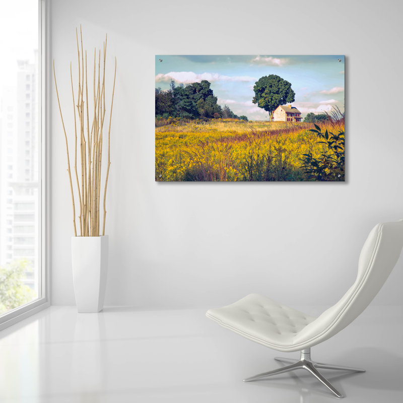 «House on a Hill» par John Rivera, art mural en verre acrylique, H 24 po x l 36 po x P 0,2 po