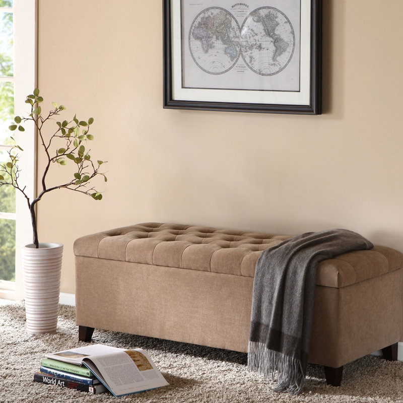 Banc de rangement avec coussin et pieds en bois foncé avec finition intérieure spacieuse, Sable