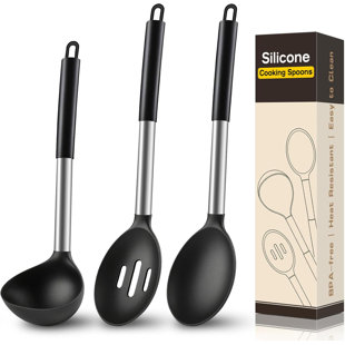 3 Pcs Silicone Cooking Spoon Set Kitchen Utensils Include Solid & Slotted Spoon Soup Ladle Food-Grade Heat Resistant Non-Scratch Spoons Dishwasher Safe, Black