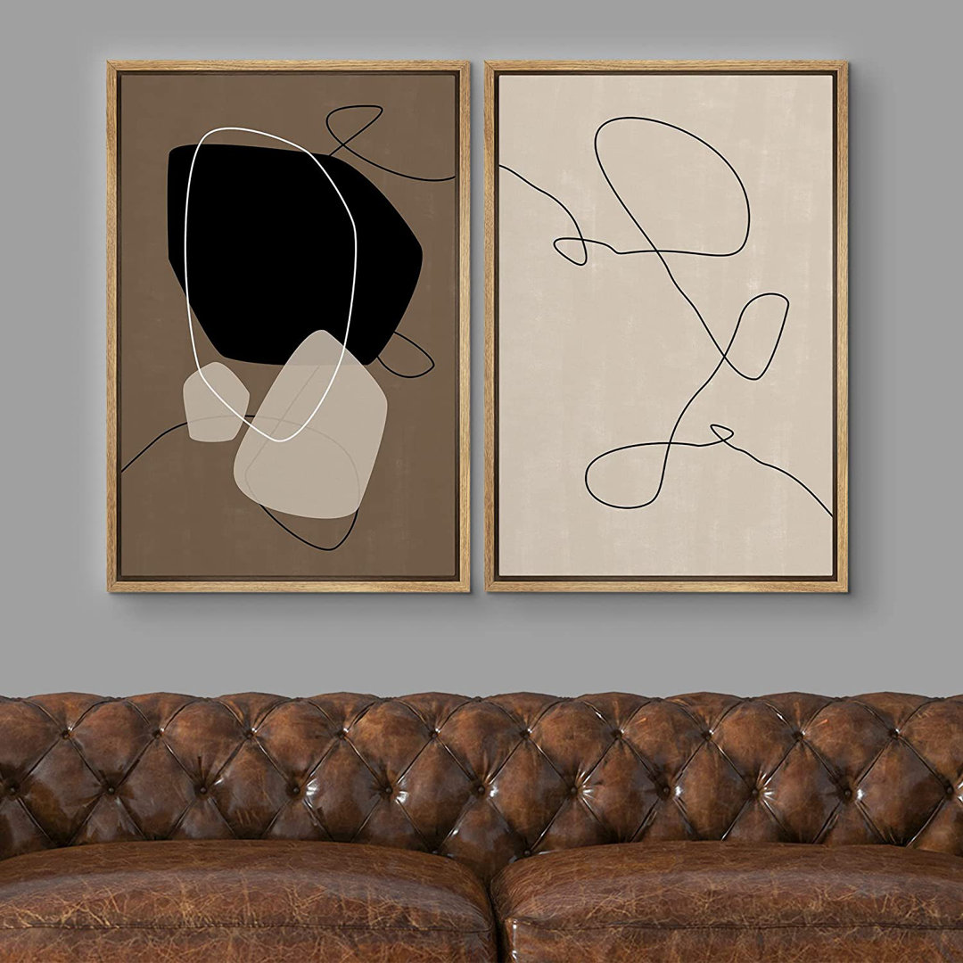 Mid Century Shape "Brown And Black Abstract Neutral Line Chic Framed Canvas Print 2 Pieces Wall Art IDEA4WALL Frame 