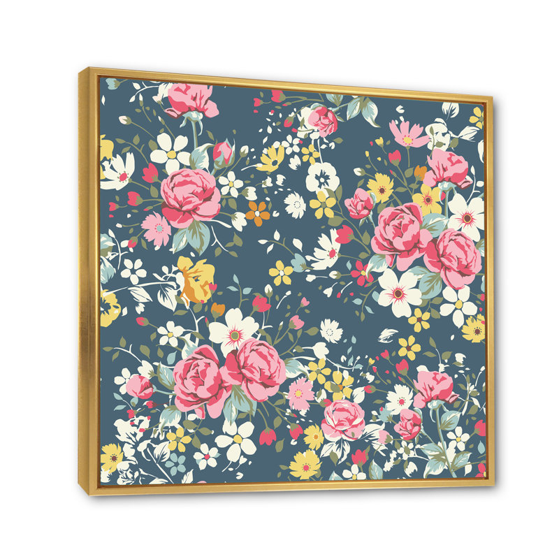 Roses rétro et jaune sur bleu marine - Impression sur toile, H 30 po x l 30 po, Cadre flottant doré