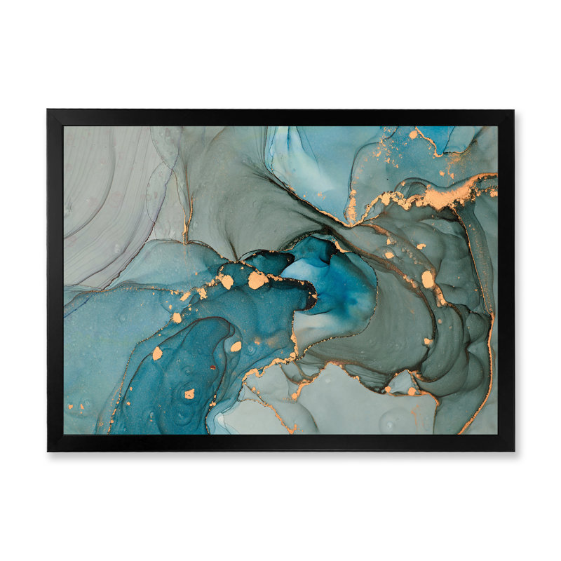 Turquoise doré infusé de marbre - reproduction sur toile, H 16 po x l 32 po, Impression encadrée, Noir