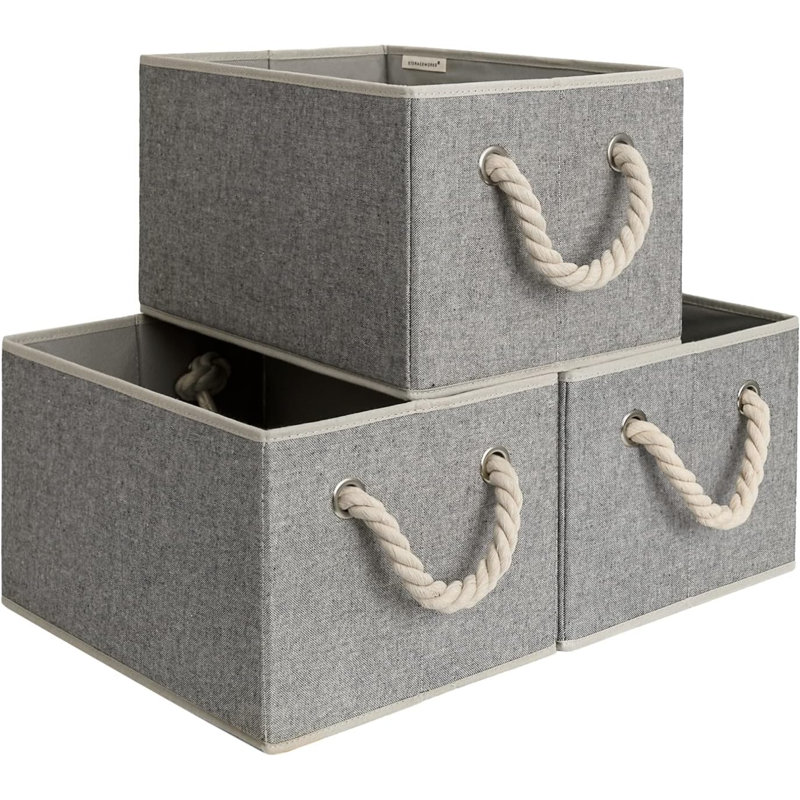 Storage Baskets For Organizing Shelves , Foldable Fabric Storage Bins With Handles, 3-Pack, Gray