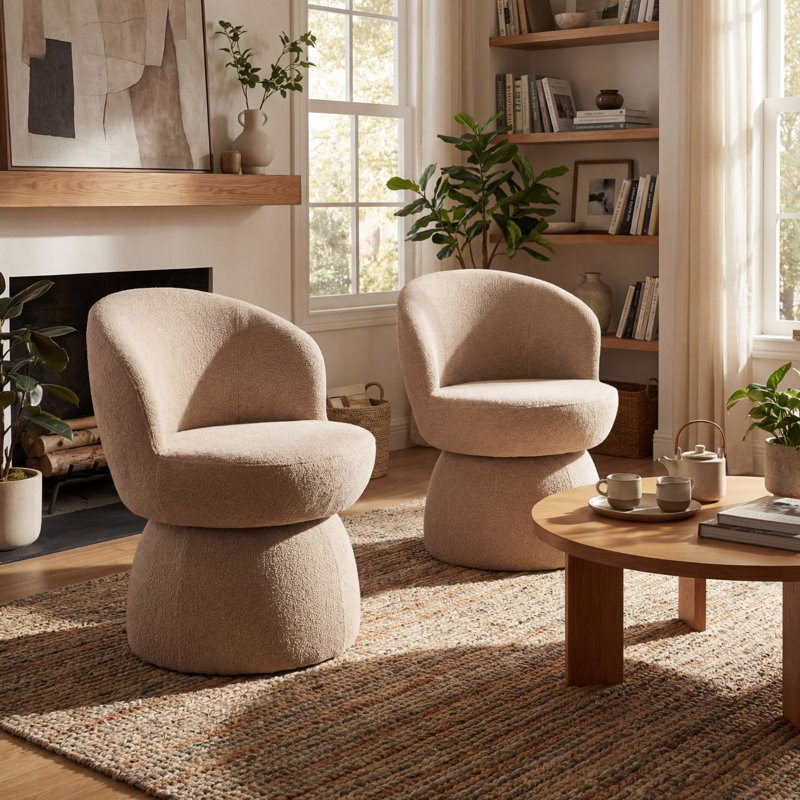 Upholstered Boucle Accent Chair Swivel Armless Barrel Chiar, Coffee Polyester Blend