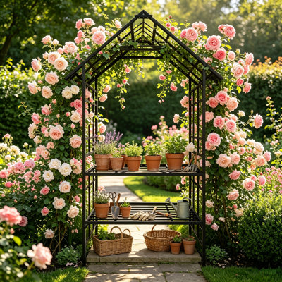 Outdoor Metal Garden Arbor with Bench, Convertible Flower Stand & Climbing Plant Trellis, Rose Arch Pergola for Patio, Yard and Garden, Black