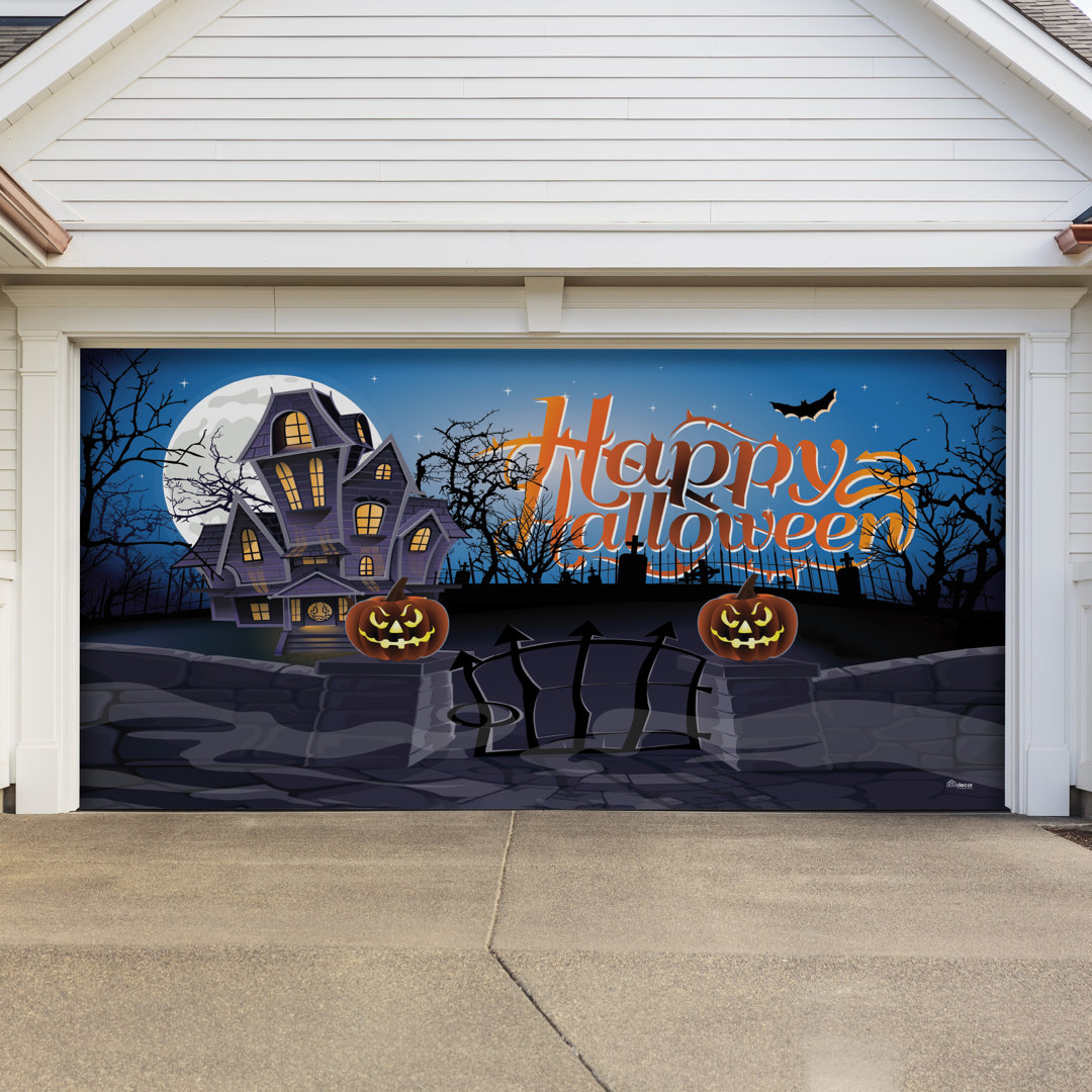 Haunted Mansion 7' x 16' Halloween Double Garage Door Banner - Outdoor Decorations My Door Decor