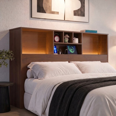 Bookcase Headboard with Charging Station, Upgraded 3-Color LED Lighting with Rotary Knob Control, Available in Queen Size