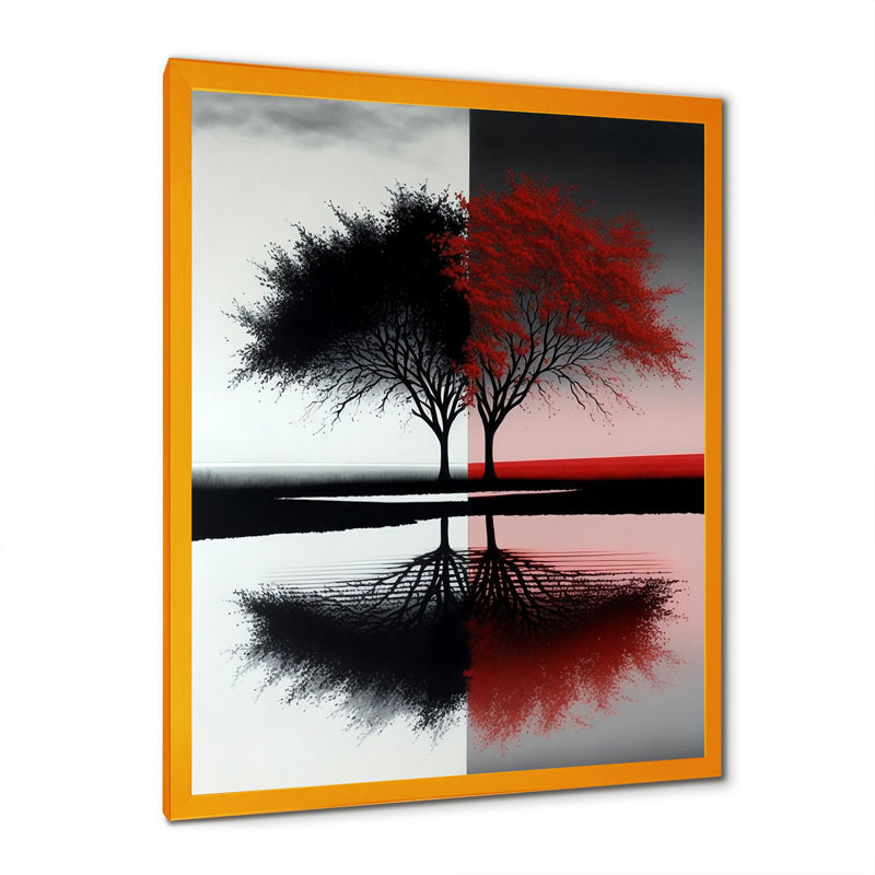 Arbres abstraits rouges et noirs au bord du lac - forêt, art mural, H 20 po x l 12 po x P 1 po, Encadrement doré