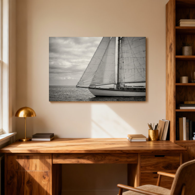 Voilier tendance sur mer calme avec ciel nuageux, H 24 po x l 36 po