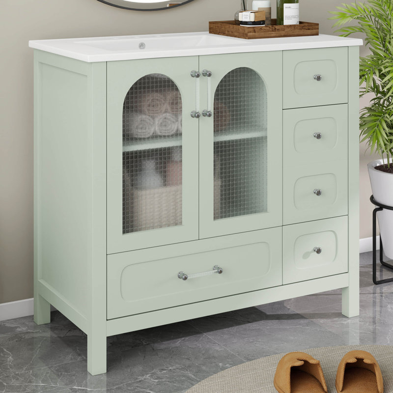 Meuble-lavabo 36 po avec lavabo, panneau de fibres à densité moyenne et armoire en bois massif avec portes en verre et 4 tiroirs, charnières à fermeture douce et tablette réglable