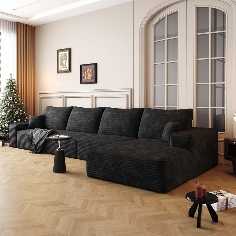 Canapé modulaire 135 po avec méridienne en L 135 po Cloud, Velours côtelé noir