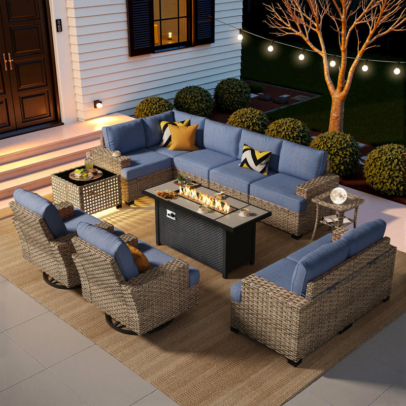 Tommy Wicker 9-person Modular Outdoor Sectional Seating Group With Swivel Chairs And Cushions, Patio Conversation Set With Fire Pit Table