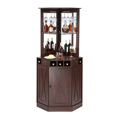Armoire de bar d'angle de style industriel, table à vin pour boissons alcoolisées et verres, armoire de buffet avec support en verre, armoire de bar en bois de style campagnard autoportant pour salon, bar à domicile, noyer noir